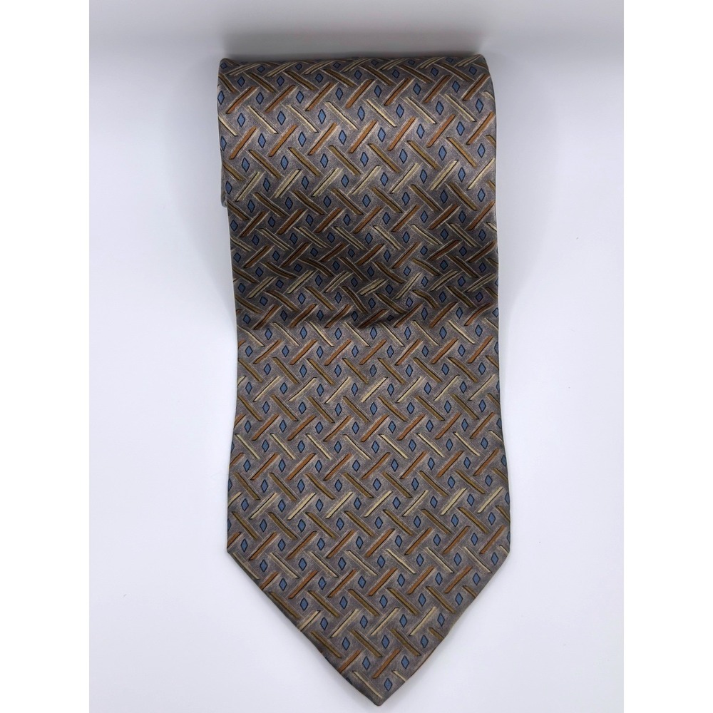 Oleg Cassini Mens‎ Silk Necktie Blue Beige Brown Geometric Pattern